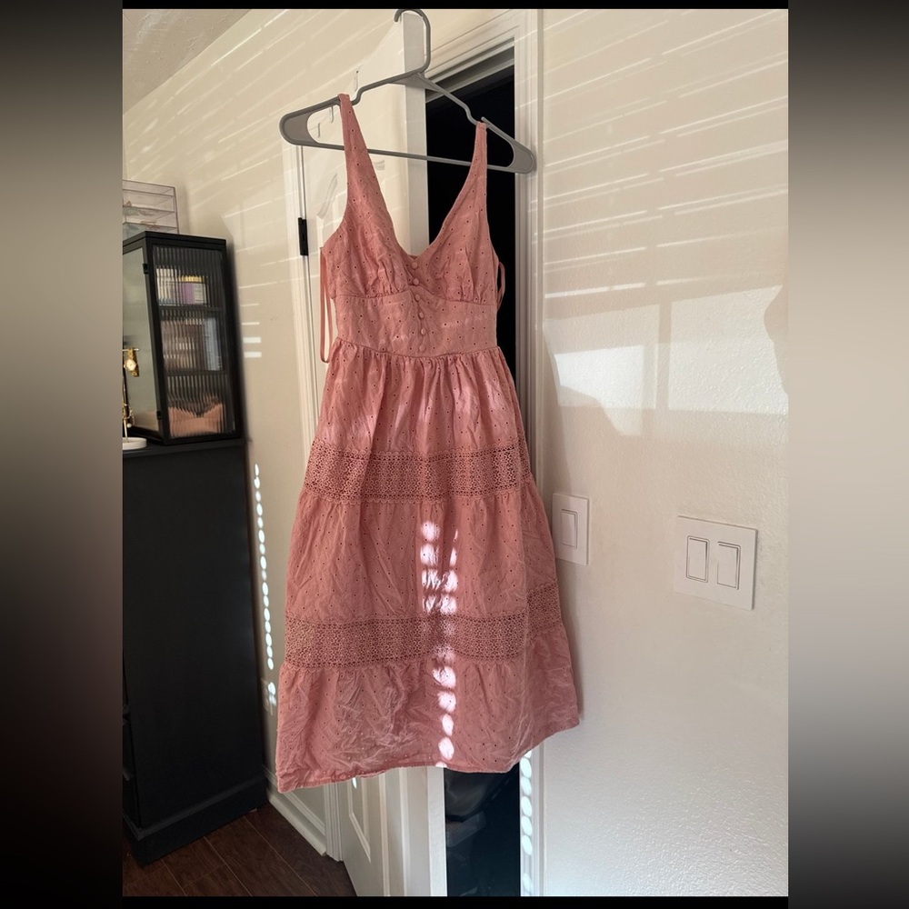 Macys summer midi dress. Light pink with eyelet design. V neck. Size: small